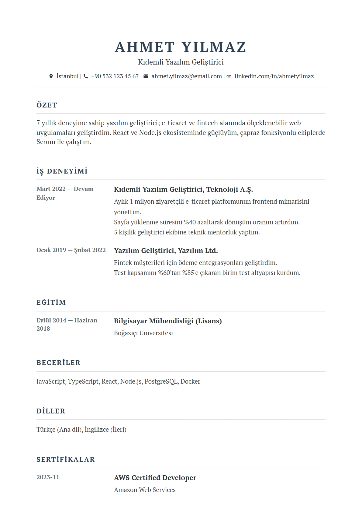 ATS uyumlu profesyonel CV örneği